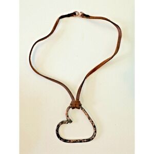 J Marie Open Heart Charm Necklace Boho Leather Rope 22 in Hammered Hand Made